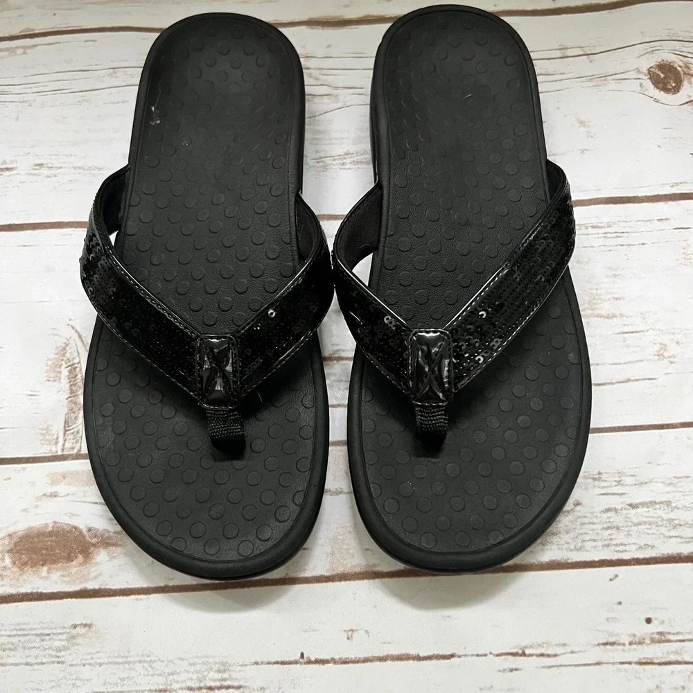 Vionic Tide Sequins Thong Sandals Black Orthotic Arch Support Size 8